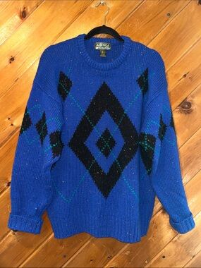 Vintage Men’s Agenda 100% Shetland wood blue geometric argyle knit sweater